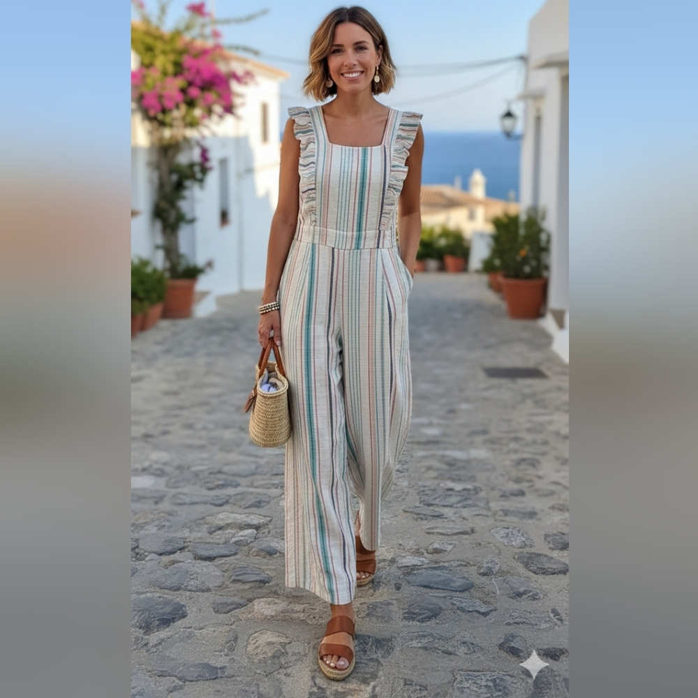June & Hudson Pastel Striped  Cabanacore Ruffle  wide Leg lined Jumpsuit Large